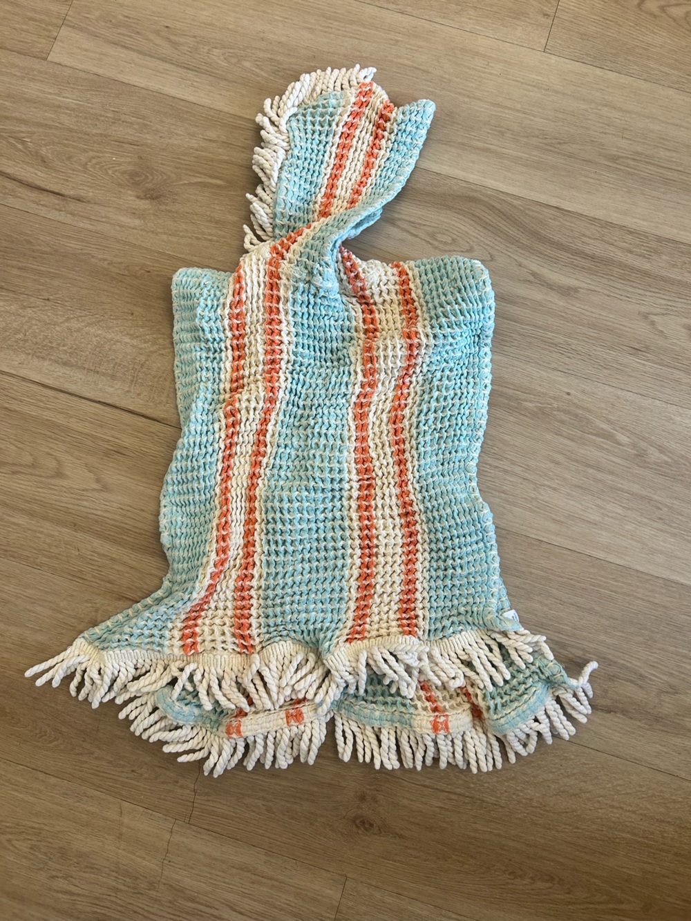 Aqua and Coral Striped hooded Beach towel with Ivory Fringe